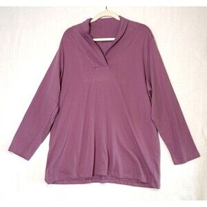 Roamans Pink Long Sleeve Top 1X (22/24) Shawl Collar 100% Cotton Classic Casual
